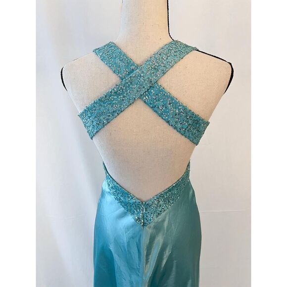Jessica McClintock Satin Sequin Gown | Aqua Blue Vintage - Picture 4 of 6